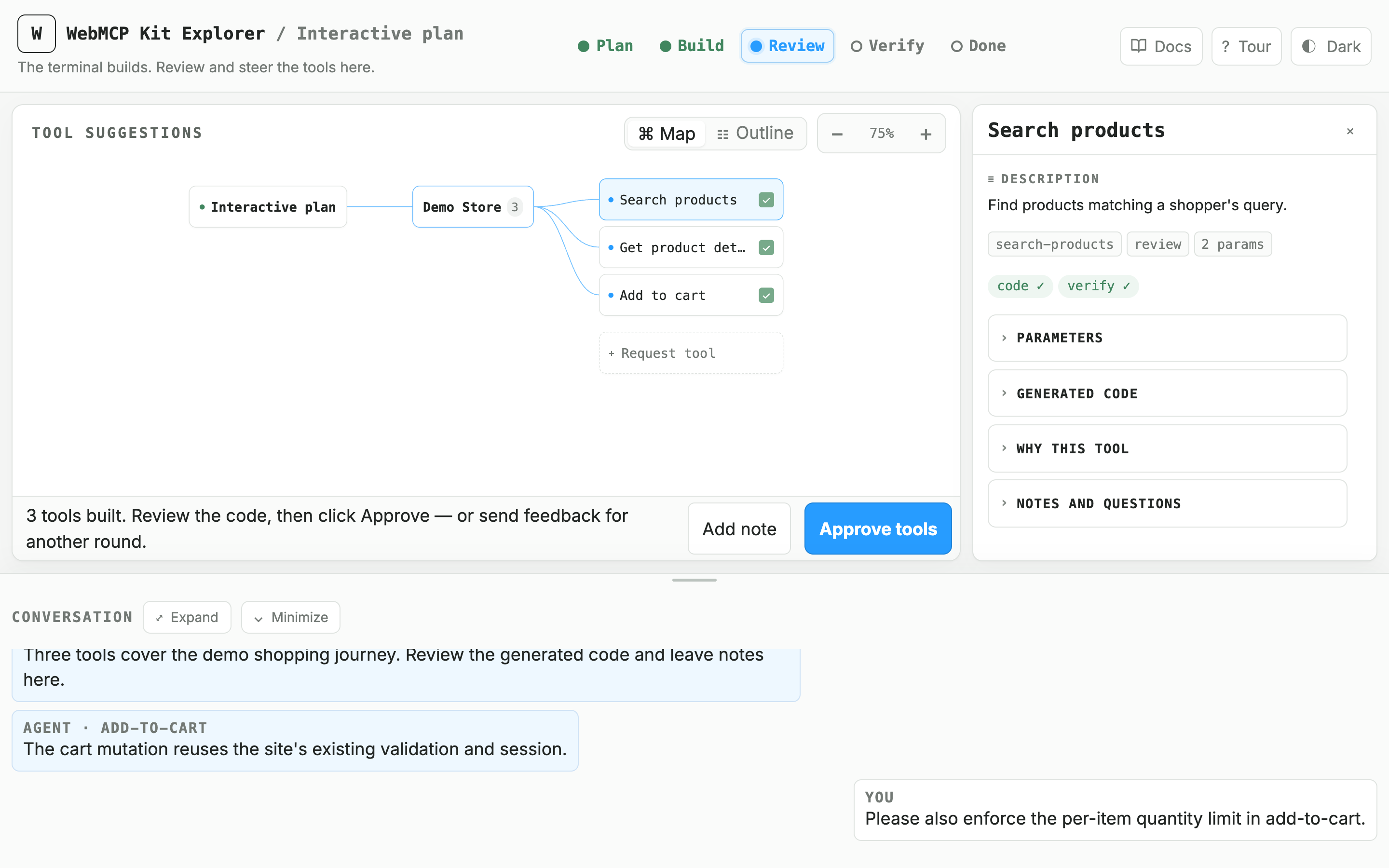 The Explorer in the review phase, with a tool open in the inspector